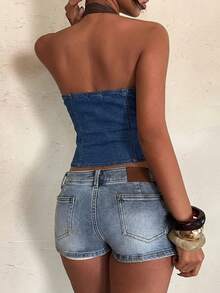 Aloruh Women's Summer Fashion Contrast Color Patchwork Backless Halter Denim Blouse Going Out Tops Women
Crop Tops - Medium Wash - View 2