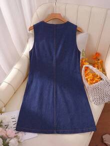 SHEIN MOD Plus Size Women Casual 90s Cute Sleeveless Single-Breasted Round Neck Denim Dress Vacation Autumn Outfits Navy Blue Date Night - Dark Wash - View 2