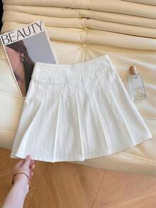 SHEIN MOD تنورة جينز نسائية مطوية على شكل حرف A مع تصميم خصر كورسيه - أزرق متوسط - مشاهدة 2