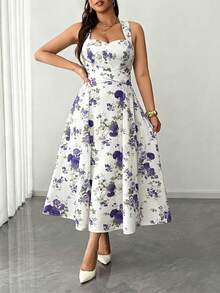 Elenzga 大码女式优雅印花高弹力面料吊带裹身系带腰部蝴蝶结褶皱长裙，百搭设计，适合派对、音乐节、休闲、度假、约会之夜、情人节等场合。 - 彩色 - 查看 4