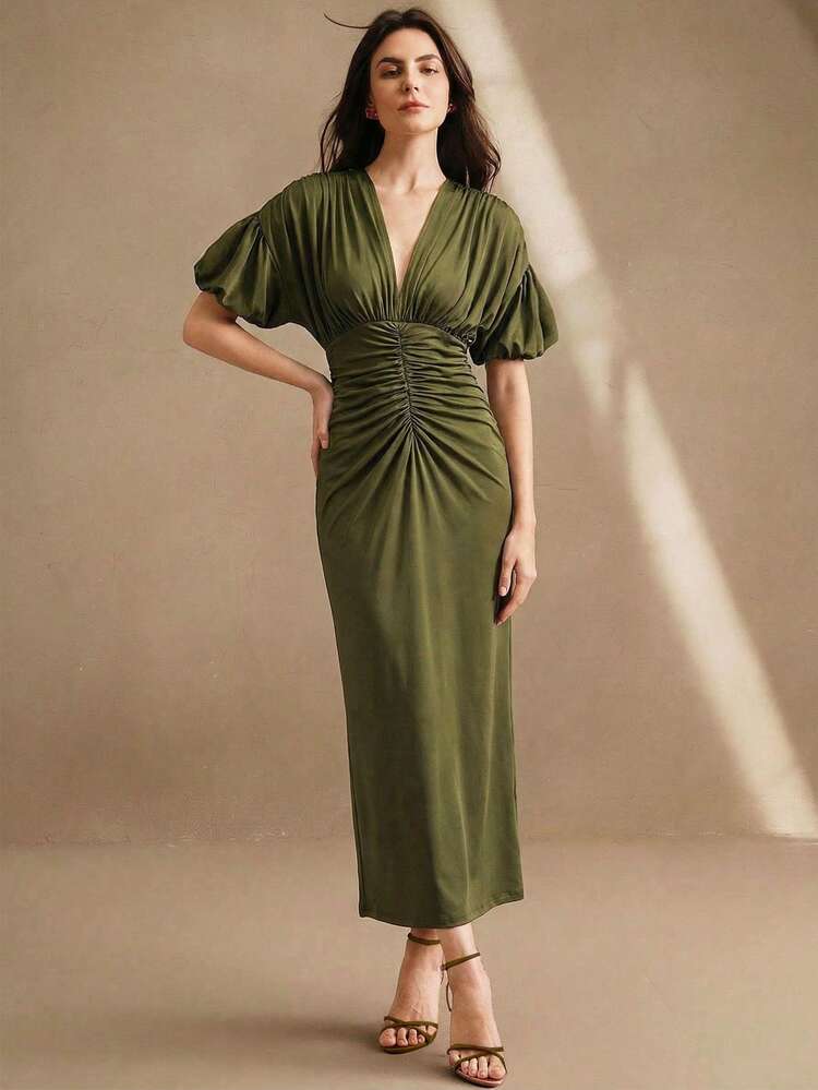 Anewsta Essential Anewsta Spring/Summer New Fashion Casual V-Neck Pleated Slim Fit Bubble Sleeve Elegant Long Knit Dress For Women