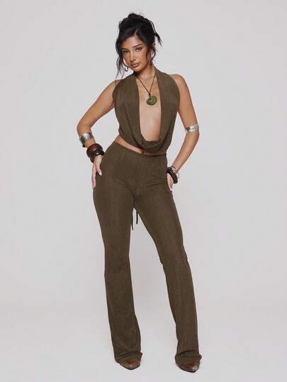 MUSERA Textured Mesh Cowl Neck Top And Fitted Flared Trousers Pants Set Co-Ord Spring Summer Festival Sexy Ibiza Vacation Holiday Y2k Cowgirl Deconstructed Cowboy