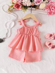 SHEIN 2pcs/Set Baby Girls' Pink Spaghetti Strap Bow Embroidered Butterfly Decor Tank Top & Solid Shorts,Cute Summer Vacation Outfit For Kids 1-2 Years Old - Pink - View 2