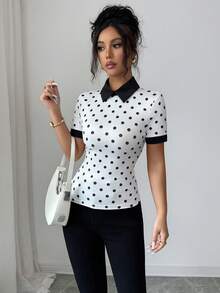 Women's Retro Elegant Polka Dot Print Contrast Color Short Sleeve T-Shirt, Suitable For Daily Wear And Commuting - White - View 3