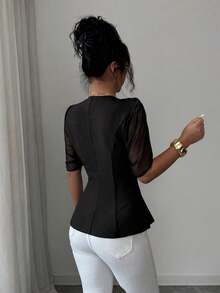 SHEIN Elenzya Áo blazer nữ thanh lịch, lãng mạn, dáng ôm sát, cổ chữ V, xếp ly và thắt eo. - màu đen - Xem 2