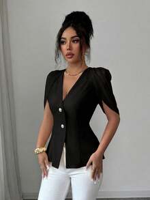 SHEIN Elenzya Áo blazer nữ thanh lịch, lãng mạn, dáng ôm sát, cổ chữ V, xếp ly và thắt eo. - màu đen - Xem 3
