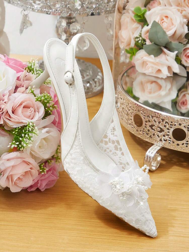 CUCCOO HITCHD Women Shoes Spring And Summer Sexy Lace Pearl Flower Decoration Pointed Toe Thin Heel Slingback Buckle 7.5cm Women's High Heel Shoes Fairy Solid Color Mesh Breathable Daily Dating Wedding Banquet Evening Dress Matching