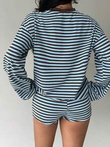 Aloruh Women Striped Long Sleeve Top And Shorts 2 Pieces Set Fall Clothes Fall Clothes For Women All Outfits Women  Fall Outfits For Women Fall Outfits Autumn Clothes Women's Fall Clothes Striped Set Casual Striped Set Striped Shorts Set - Baby Blue - View 3