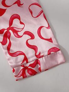 SHEIN 2 Pieces Tween Girl Lapel Collar Short Sleeve Long Pants Pink And Red Bow Print Loungewear Set, Cute Summer Satin-Like Home Wear Sleep Pajamas Nightwear - Red - View 6