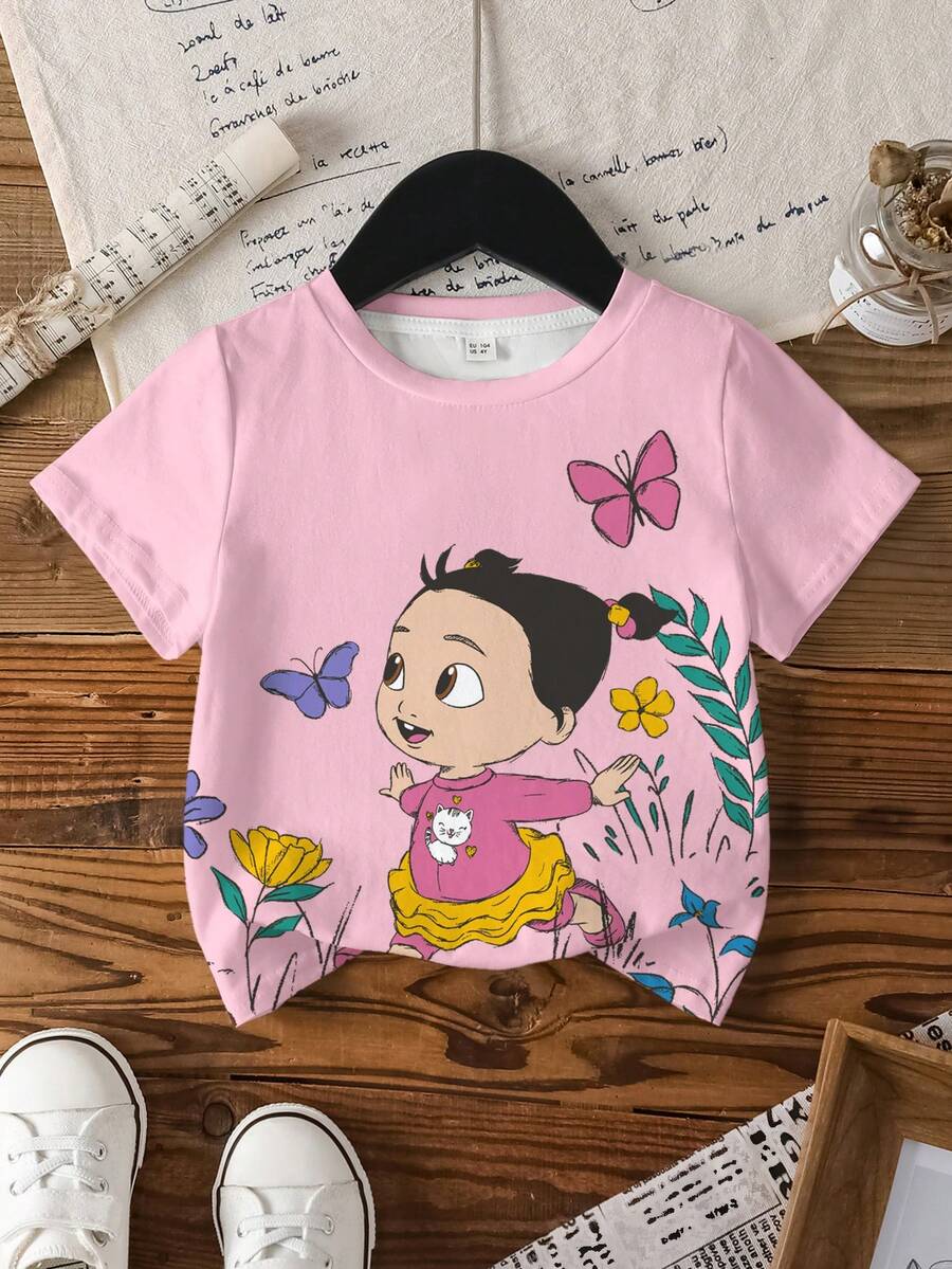 CoComelon X SHEIN Baby Girl Casual Vacation & Daily Wear Cute Cartoon Character, Butterfly & Floral Print Short Sleeve T-Shirt, Summer - White - View 1