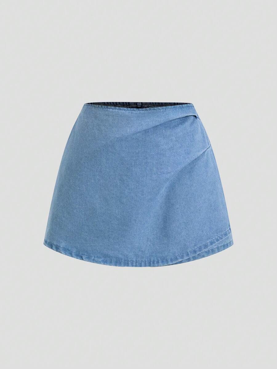 SHEIN MOD 女士休闲时尚侧褶牛仔短裙 - 淺色水洗藍 - 查看 1