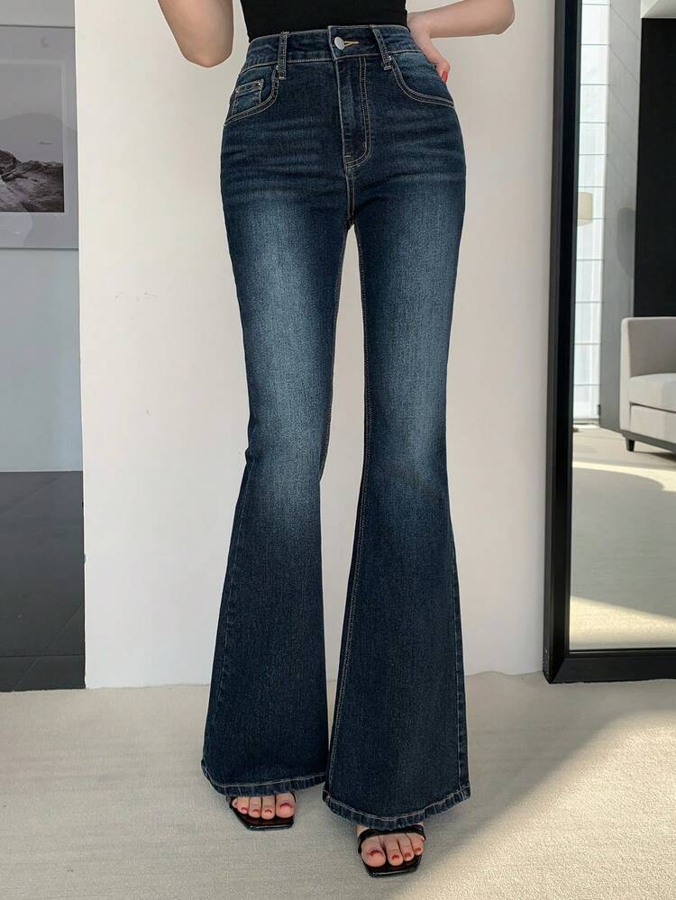Women's Letter Rhinestone Washed Flare Jeans