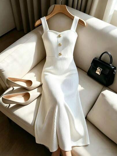 SHEIN Franclia French-Style Elegant Dress For Women, Knitted, Wide-Shouldered, Button-Down Design, Fitted Waist, Elegant Women's Dress, Summer Women's Dress, Summer Outfit, Beach Outfit, Beach Dress, Outdoor Dress, Women's Vacation Outfit, Vacation Dress, Women's Casual Dress, Women's Commuting Outfit, Women's Office Outfit, Social Dress, Professional Dress, Women's Office Wear, Women's Business Attire, Women's Work Wear, Women's Work Dress, Country Style Dress, Women's Country Style Clothing, Country Style, Women's Holiday Outfit, Formal Dress/Gown, New Summer Women's Dress.Graduation Season Attire, Fashionable Casual Commuter Wear, Business Office Wear, Versatile And Stylish Everyday Casual Wear, Urban Teacher's Professional Attire