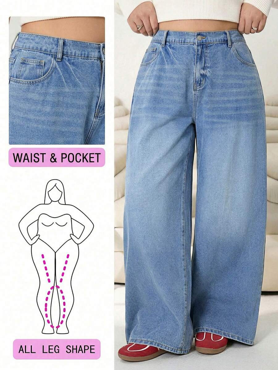 Comfortcana 大码女式高腰口袋阔腿宽松休闲牛仔裤,适合夏季嘉年华、通勤、度假、毕业典礼等场合,时尚百搭,Y2K风格,可爱街头风,适合派对、婚礼、商务休闲等各种场合。女士大码休闲浅蓝色阔腿牛仔裤,弹力腰带设计。 - 藍色 - 查看 1