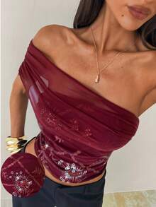 Aloruh 女士性感优雅串珠刺绣拼接酒红色短款 T 恤、返校节上衣、女士可爱上衣、女士机场装、女士外出上衣、女士度假上衣、海岛度假装、女士约会上衣、女士夜间外出上衣 - 酒紅色 - 查看 2