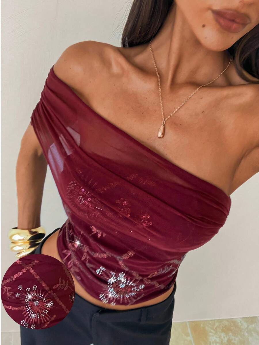 Aloruh 女士性感优雅串珠刺绣拼接酒红色短款 T 恤、返校节上衣、女士可爱上衣、女士机场装、女士外出上衣、女士度假上衣、海岛度假装、女士约会上衣、女士夜间外出上衣