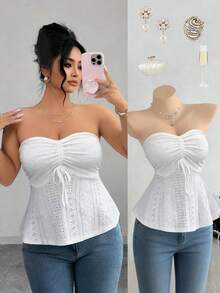 Elenzga Blusa de punto jacquard blanca casual de talla grande para mujer, con nudo delantero, blusas de unicolor para mujer de verano, blusas lindas de talla grande para mujer, blusa con corpiño linda y casual, elegante blusa sin tirantes de talla grande para mujer, corpiño para mujer, corpiños para mujeres de talla grande, blusas para mujer - Blanco - Ver 1