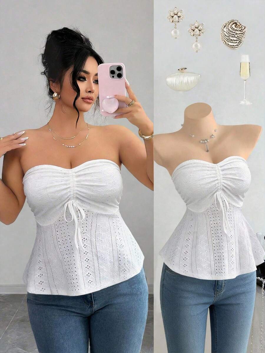 Elenzga Blusa de punto jacquard blanca casual de talla grande para mujer, con nudo delantero, blusas de unicolor para mujer de verano, blusas lindas de talla grande para mujer, blusa con corpiño linda y casual, elegante blusa sin tirantes de talla grande para mujer, corpiño para mujer, corpiños para mujeres de talla grande, blusas para mujer - Blanco - Ver 1