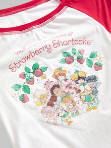 Strawberry Shortcake | ROMWE 女士撞色字母草莓卡通印花插肩短袖T恤 - 白色 - 查看 2