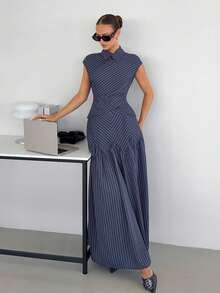 Siren Gaze Bộ áo và chân váy kẻ sọc màu xanh hải quân, thích hợp cho công sở, mùa xuân/hè. - Màu xanh hải quân - Xem 1
