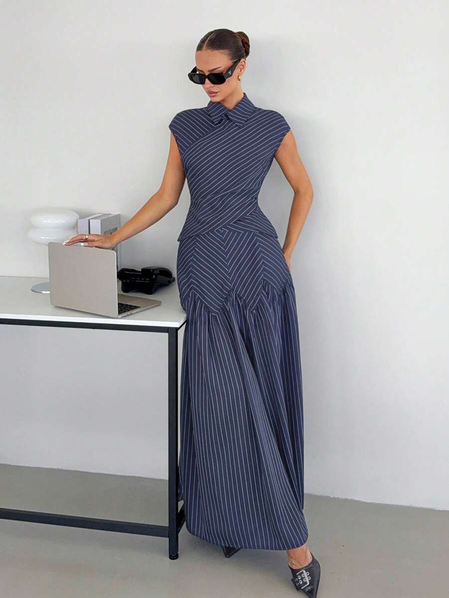 Siren Gaze Bộ áo và chân váy kẻ sọc màu xanh hải quân, thích hợp cho công sở, mùa xuân/hè. - Màu xanh hải quân - Xem 1