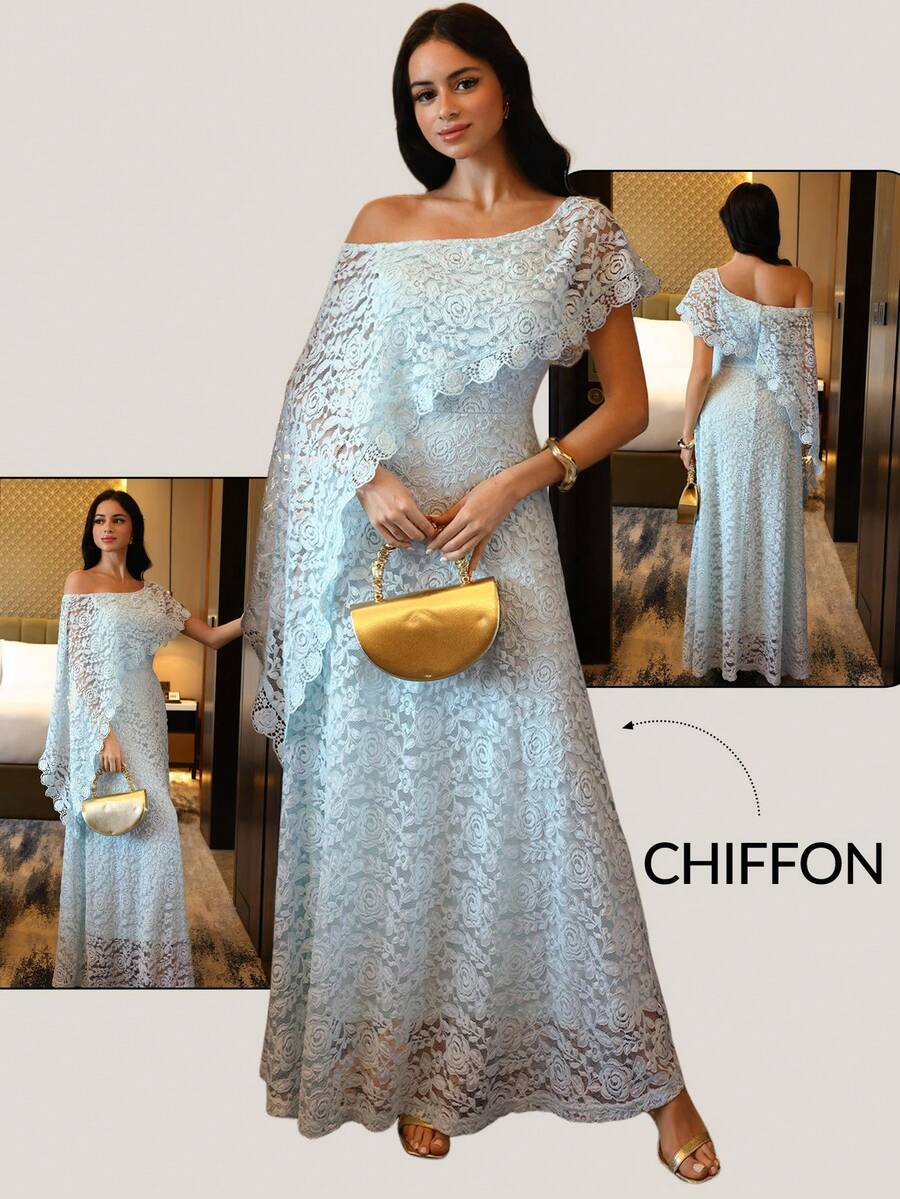 Feyla Women's Solid Color Oblique Shoulder Lace Elegant Long Dress Wedding Party Dress Bridesmaid Dress
