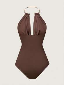 Rafferiza Women's Summer Coffee Brown Metal Collar Bodysuit, Chest Draped Pleats Fitted Jumpsuit,Seductive Chic Outfit For Party Night & Dates - Brown - View 2