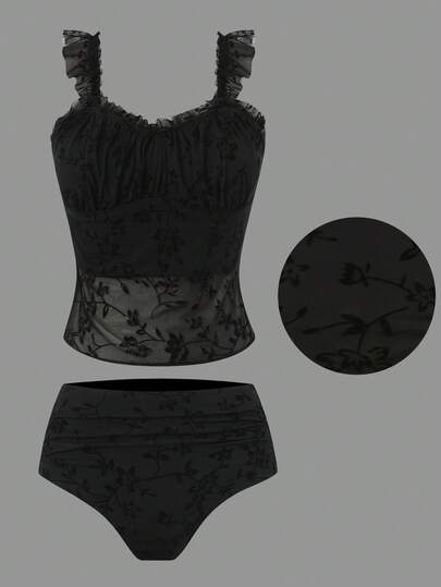 Sweetra Plus Size Women Tankini Top, Made Of Flocked Fabric, Minimalist European And American Mature Style Swimwear