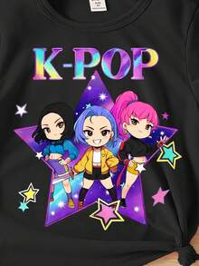 SHEIN 年轻女孩休闲创意清新简约时尚酷炫虚拟卡通少女组合五角星图案字母标语印花基础款短袖T恤，舒适日常穿着，适合春、夏、秋季穿着。 - 黑色 - 查看 5