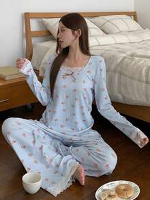 DAZY 2pcs Happy Dog Print Lace Patchwork Ribbed Texture Long Sleeve Top And Pants Pajama Set, Spring/Autumn Women - Blue - View 4