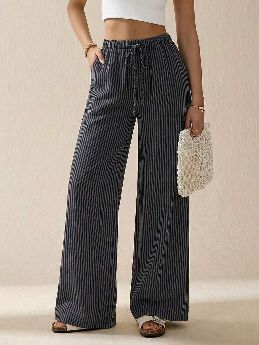 SHEIN Tall Women's Casual Summer Outfits Drawstring Waist Striped Long Pants For Daily Wear - Black - View 1