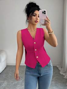 Elenzga Áo tank top nữ màu trơn, cổ chữ V, không tay, thắt nơ phía sau, ôm sát, tôn dáng, làm nổi bật vẻ quyến rũ nữ tính, thích hợp mặc vào mùa thu/đông, lý tưởng cho các buổi hẹn hò, du lịch, đi làm, ngày Valentine và các bữa tiệc. - Màu Hồng Tươi - Xem 6