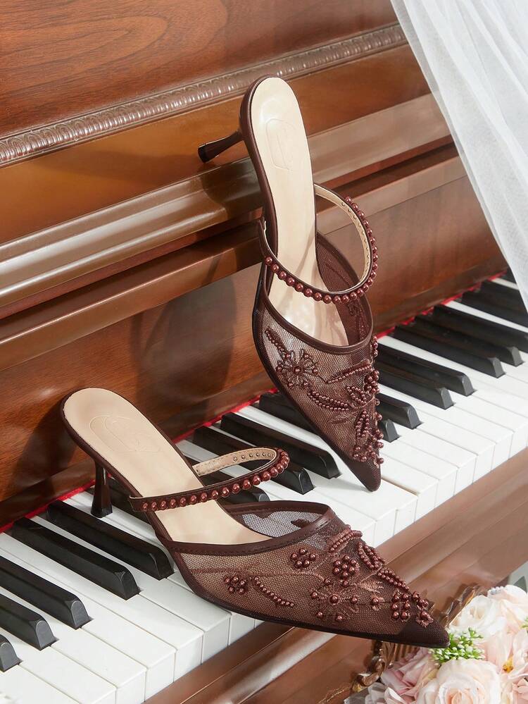 CUCCOO HITCHD Women Shoes Spring And Autumn New Elegant Temperament Mesh Embroidery Beaded Pointed Heel Medium Heel Retro Style Solid Color Women's High Heel Shoes Daily Commuting Dating Banquet Versatile Women's Shoes