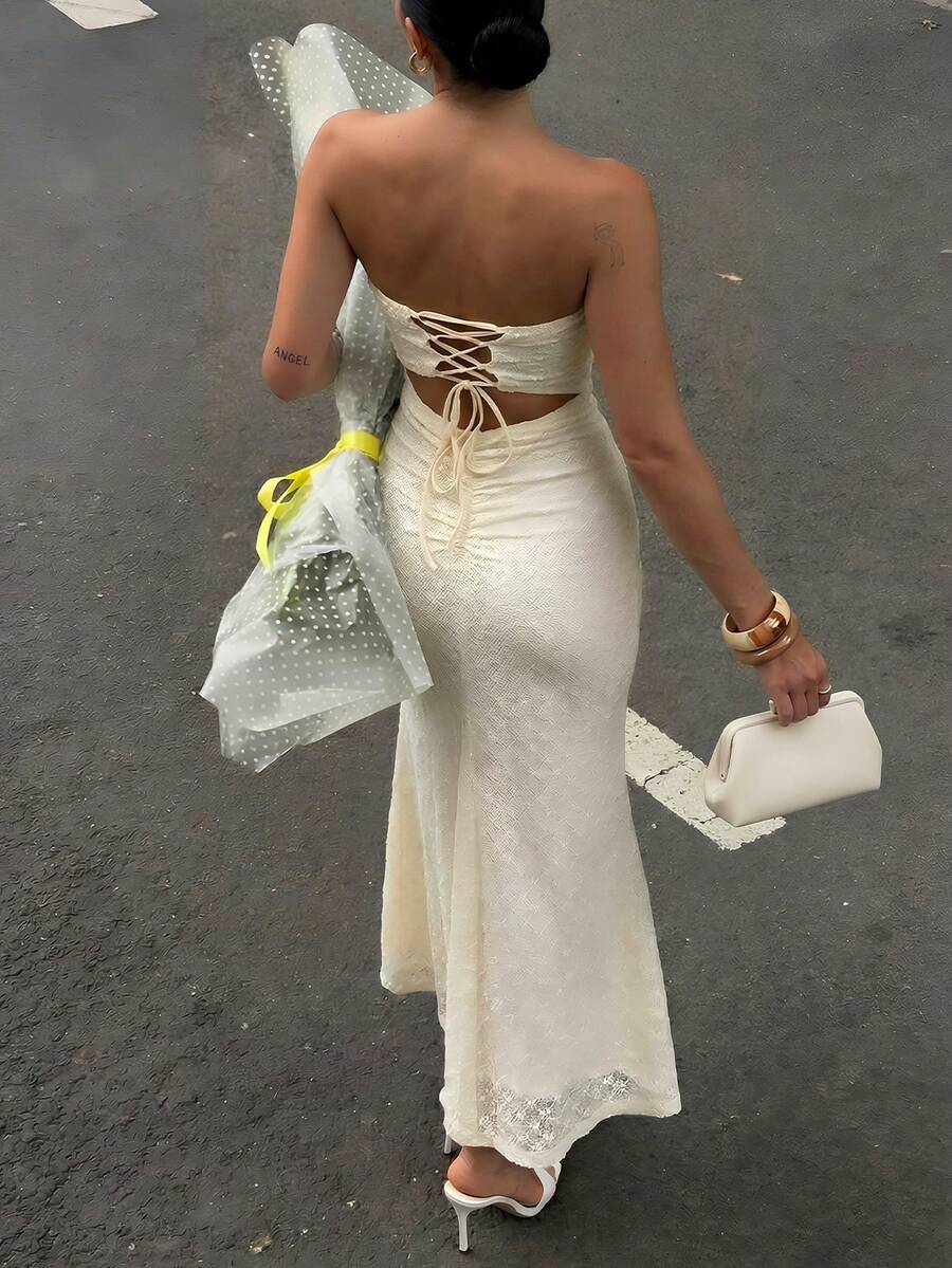 Firerie 女士优雅浪漫约会婚礼季下午茶派对修身连衣裙，杏色无肩带露背系带长裙，凸显身材，沙滩度假连衣裙，性感迷人时尚连衣裙 - 杏色 - 查看 1