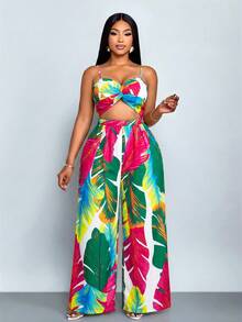 SOLERSUN 女士加大码优雅休闲无袖黑白印花扭结阔腿连体裤，配细肩带，春夏款 - 綠色 - 查看 5