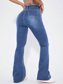 Rivivi Quần jean ống loe cạp cao màu xanh denim đã giặt - Rửa nhẹ - Xem 2