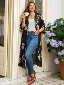 雪纺印花开襟加大码女式度假外套 - 黑色 - 查看 6