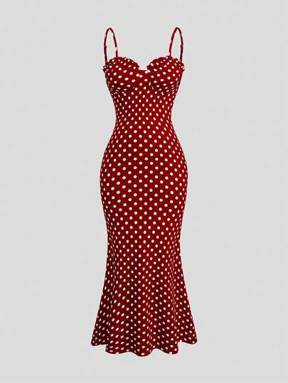 Sweetra Vestido de talla grande con tirantes finos y estampado de lunares, ajustado a la cintura y con falda acampanada