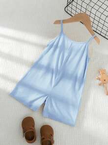 SHEIN Elladie kids 舒适度假少女无袖连体裤，带口袋，夏季 - 淺藍色 - 查看 2
