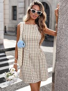 Pariaura INS French Style Sleeveless Mini Dress For Women - Khaki - View 5