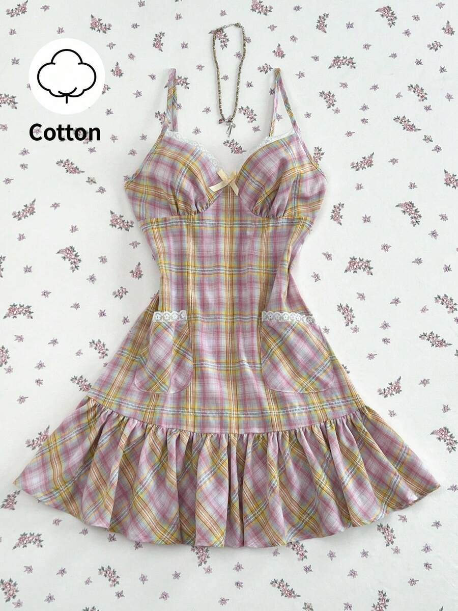 Elamini Đầm mini dáng chữ A, cổ chữ V, dây mảnh, hở lưng, có túi ở eo, họa tiết kẻ caro hồng, chất liệu 100% cotton, phối bèo nhún, thích hợp cho nữ mùa xuân/hè, đi nghỉ mát, đi biển, thanh lịch, ngọt ngào, cổ điển, tối giản, đa năng. - Hồng - Xem 1