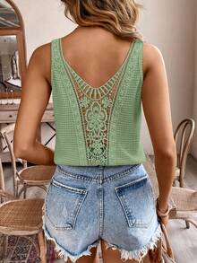 SHEIN Frenchy Áo nữ phối ren, kiểu dáng thường ngày, đa năng. - màu xanh lá - Xem 1