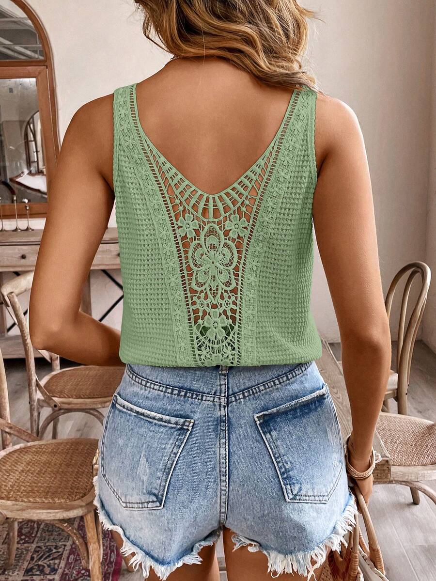 SHEIN Frenchy Áo nữ phối ren, kiểu dáng thường ngày, đa năng. - màu xanh lá - Xem 1