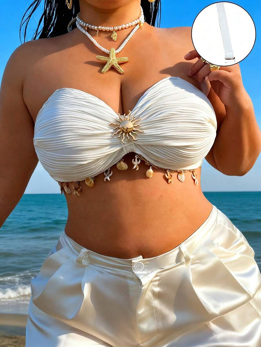 Swim SXY 2026新款加大码女士夏季时尚比基尼泳衣上装，无肩带向日葵装饰贝壳点缀，性感休闲度假泳装上装 - 白色 - 查看 1