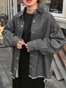 FRIFUL Women's Drop Shoulder Long Sleeve Single-Breasted Frayed Hem Loose Denim Jacket - Dark Grey - View 4