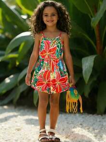 SHEIN Young Girl' White Cute Cartoon Colorful Floral Print Jumpsuit, Comfortable Spring/Summer - Multicolor - View 3