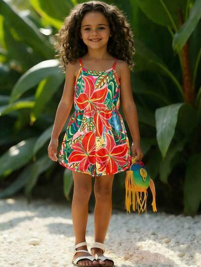 SHEIN Young Girl' White Cute Cartoon Colorful Floral Print Jumpsuit, Comfortable Spring/Summer