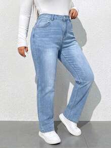 SHEIN ICON 大码女式口袋纽扣休闲百搭日常牛仔裤 - 淺色水洗藍 - 查看 3