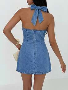 Aloruh Women's Pleated Fashion Halter Denim Dress - Blue - View 2