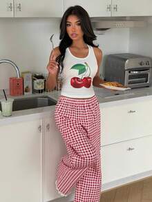 ZzzCrew 女士吊带背心和长裤睡衣套装，樱桃印花和格子图案，荷叶边下摆，两件套 - 彩色 - 查看 5